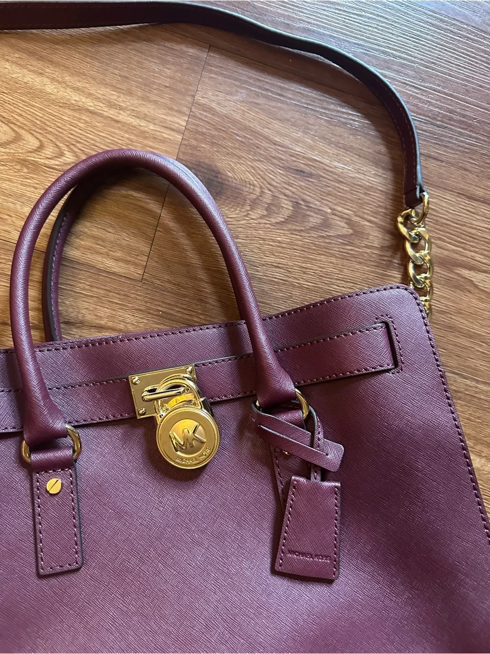 Michael Kors Hamilton Deep Merlot Leather Satchel Gold Hardware